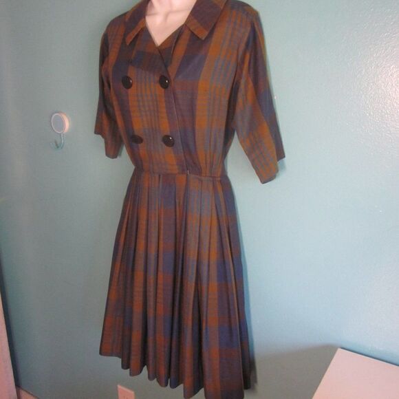 Vintage 50's Dress Serbin of Florida Muriel Ryan Fits Size M Blue Green Plaid - Picture 11 of 14